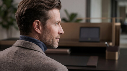 Side view profile of a focused businessman in an office environment looking ahead pensively with blurred desk background