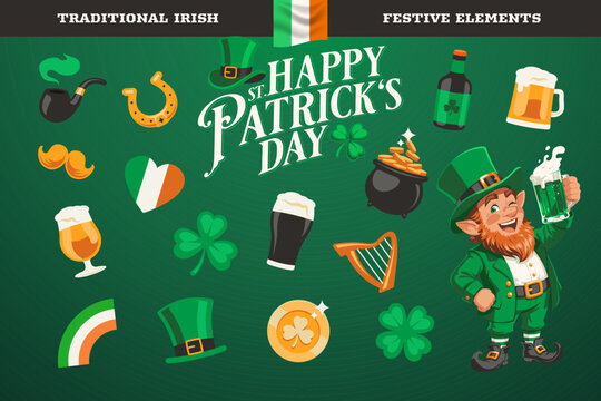 Vector set of traditional St. Patrick's Day symbols and flat graphic style elements for holiday celebration design projects.