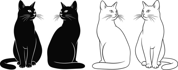 Black and white cat vector illustration set, sitting feline silhouettes and outline drawings, minimalist pet design isolated background © MstLaila
