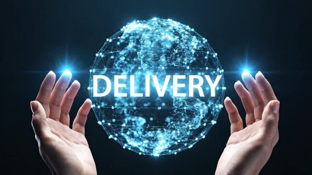 Dynamic motion graphics of digital globe network around word delivery held by hands