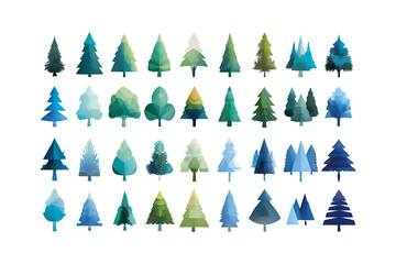 Obraz premium Collection of various watercolor pine trees in shades of green and blue.