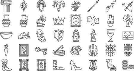 Large set of history and museum line icons featuring ancient greek columns, medieval armor, crowns, fossils, vintage gramophones, art gallery frames, and cultural artifacts. © Maslima