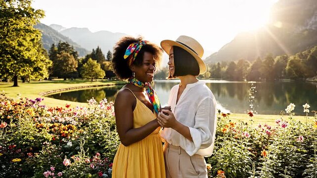 Two women standing in flower field.
