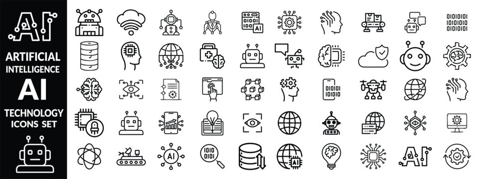 Artificial intelligence set of web icons in line style. AI technology icons for web and mobile app. Machine learning, digital AI technology, algorithm, smart robotic, cloud computing network