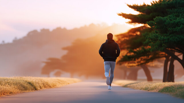 Man jogging path at sunrise wearing hoodie surrounded by trees and golden mist, concept of healthy lifestyle and morning fitness