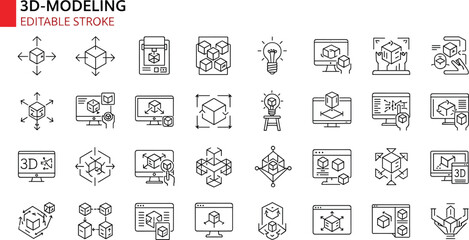 Professional 3D modeling and digital design line icon set featuring coordinate axes, cube transformation, 3D printing, CAD software interface, wireframe mesh, and rendering tools. © Maslima
