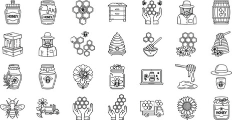 Professional beekeeping and organic honey production line icon set featuring honey jars, bees, honeycombs, beehives, beekeepers, flowers, dippers, and natural apiary equipment symbols. © Maslima
