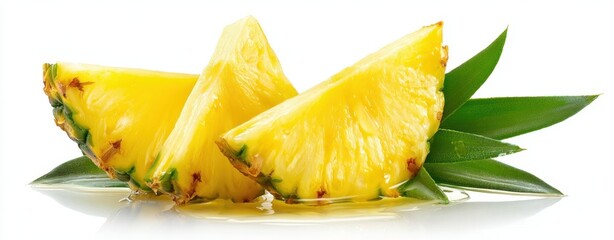 The Pineapple Slices on Leaves with Fresh Juice on White Background