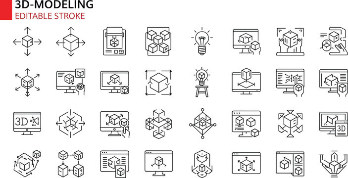 Professional 3D modeling and digital design line icon set featuring coordinate axes, cube transformation, 3D printing, CAD software interface, wireframe mesh, and rendering tools.