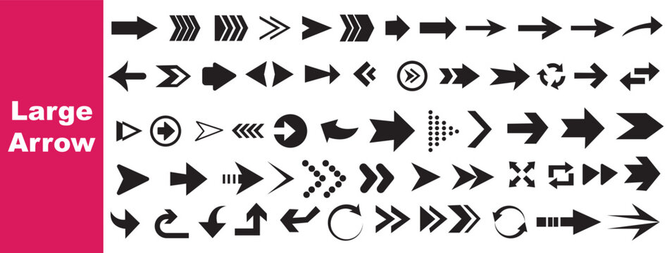 Black arrow icon big set. triangular arrow pointers isolated on Collection different arrows sign. Set different cursor arrow direction symbols in flat style