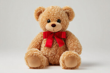 Fototapeta premium Adorable teddy bear with a bright red bow is ready to spread joy, offering comfort and cheer for birthdays, holidays, or anytime you need a cuddly friend