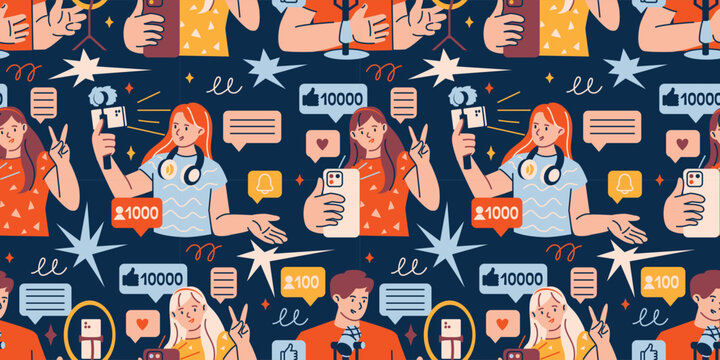 Seamless blogging background with characters, smartphone and social media symbols. Streamer wallpaper pattern for online channel branding and digital content design.