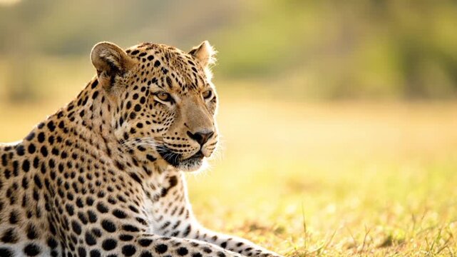 A majestic leopard rests gracefully in the warm golden light of the African savanna, its spotted coat blending seamlessly with the natural wild environment