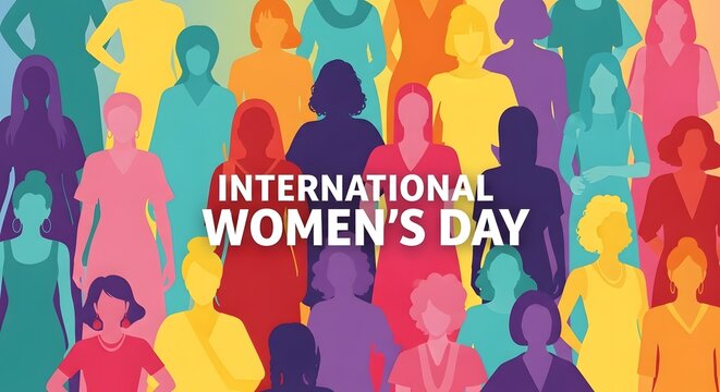 International Women&rsquo;s Day Design with Colorful Female Silhouettes on Purple Background