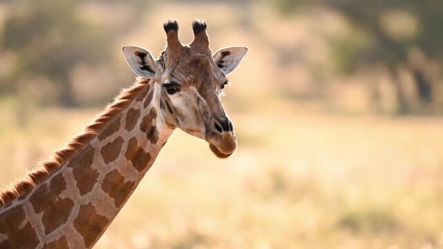 Close-up portrait of a majestic giraffe with its distinctive patterned coat, showcasing its long neck and gentle expression in the golden light of an African savanna