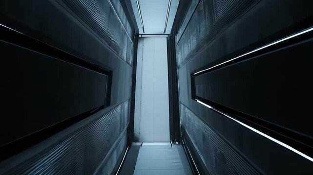 Modern architectural design creating a clean, high tech passage, featuring parallel illuminated strips and dark reflective surfaces hinting at advanced interior spaces