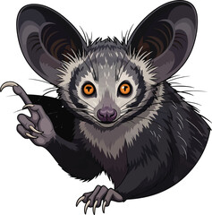 Vector illustration of an aye-aye lemur pointing its long finger with orange eyes on white © Vector Hive