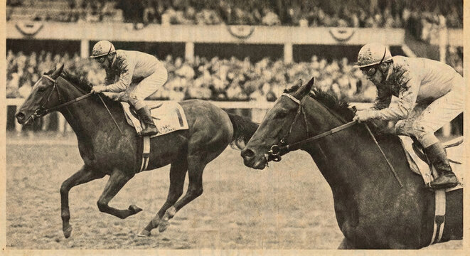 Nostalgic Halftone Print of Thoroughbred Horses Galloping at the Hippodrome