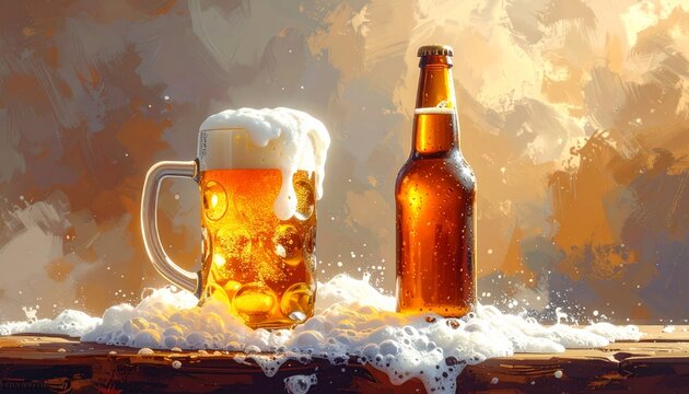 Full pint glass of cold lager beer with thick white foam on a rustic wooden background next to a brown bottle in a bar