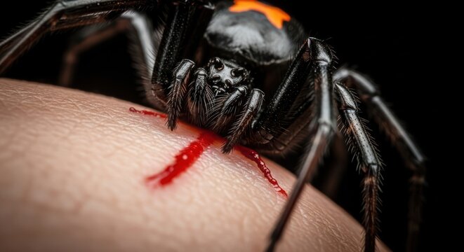 Macro depiction of a black widow spider biting human skin causing bleeding on a dark backdrop