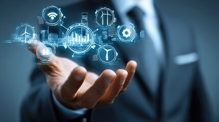 Obraz premium Businessman Presenting Digital Technology Icons with Smart City and Renewable Energy Concepts in a Modern Corporate Setting