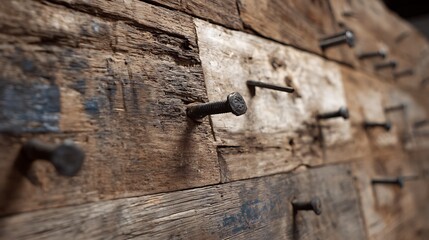 An old hammer and nail rest against a weathered brown wooden barn door featuring a rusty metal latch and antique iron handle texture