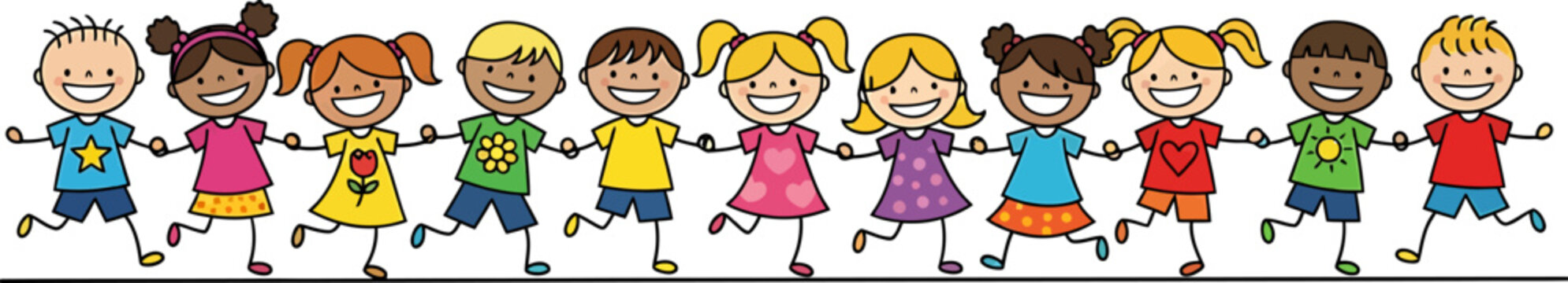 Diverse group of happy stick figure children holding hands, smiling and walking together