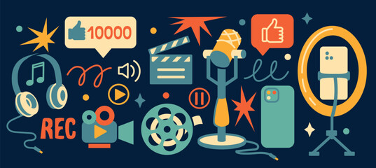 Hand drawn retro content creation tools set with microphone, smartphone and media icons. Podcasting and video blogging symbols for digital production and social media design. © Vigurskaia Sofiya