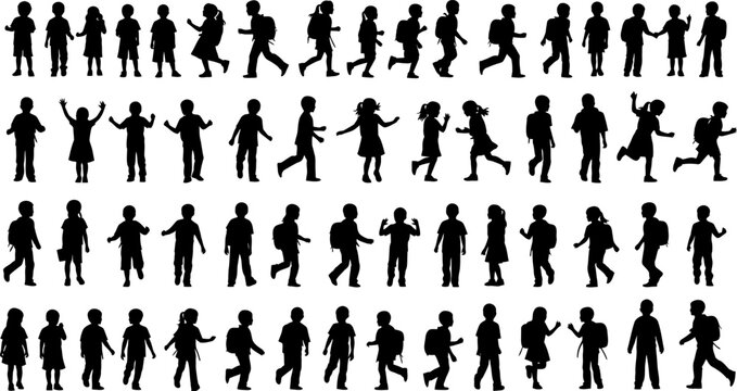 Collection of diverse children silhouettes in various poses, walking, running, and playing activities