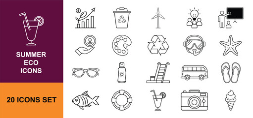 Fototapeta premium Summer and Eco Lifestyle Outline Icon Set with Beach, Travel, Recycling, Renewable Energy and Sustainability Symbols