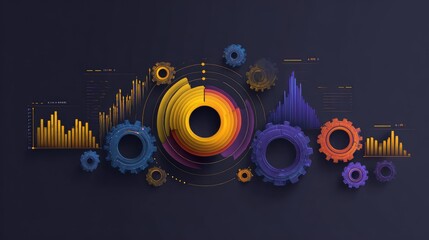 Obraz premium Modern Data Visualization with Colorful Gears and Vibrant Graphs for Creative Business Insights and Analysis
