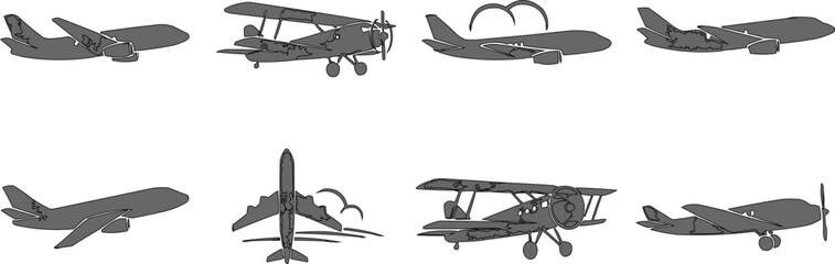 The image contains a collection of grayscale drawings of various aircraft models, neatly arranged in two rows against a clean white background. This arrangement makes it easy to compare and appreciate © Meshkat