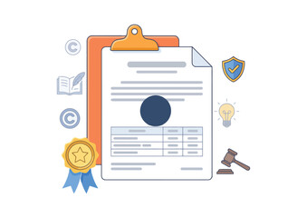 Legal Certificate, Copyright Document, Law & Regulation Illustration &ndash; Flat Vector Icon Set (Clipboard, Legal Paper, Medal, Judge Gavel, Insurance, Security, Shield, Lightbulb).