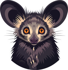 Stylized aye-aye lemur looking forward with vibrant orange eyes and large ears on white background © Vector Hive
