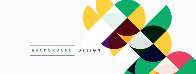 Obraz premium Abstract geometric shapes overlap, creating vibrant colorful design. Minimalist style with text elements present. Clean, modern aesthetic.