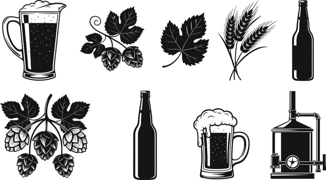 Black and White Silhouette Vector Illustration Set of Beer Mugs Bottles Hops Barley and Brewing Equipment for Craft Brewery flavector