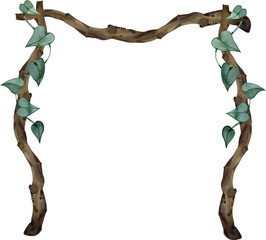 Rustic watercolor illustration of a wooden wedding arch wrapped in ivy vines. Hand-painted natural frame with heart-shaped leaves, perfect for eco-friendly ceremony and garden designs.