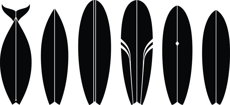 Black and White Silhouette Vector Illustrations of Various Surfboard Shapes Including Fish Tail Longboard and Shortboard for Summer flavector Surfing