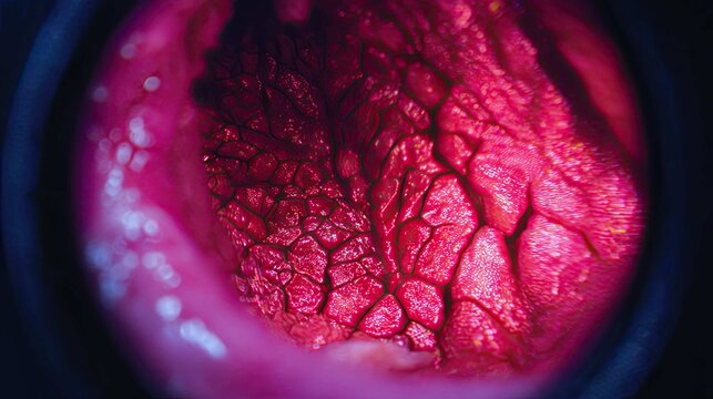 Detailed Close-Up of Textured Lobular Tissue with Vivid Red and Pink Hues in Natural Patterns