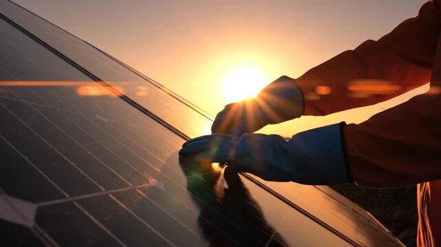 Professional installing solar panel renewable energy golden hour