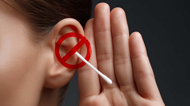 Woman Holding Hand to Ear with Warning Sign Against Ear Swab Use in a Health Awareness Concept Image