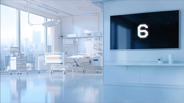 Close up of modern tv countdown with green chroma screen in hospital room at day, Hospital room looping style background