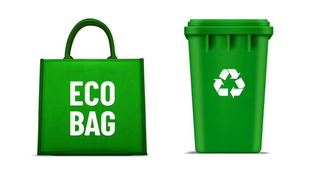 Vector eco-friendly concept with green textile bag and recycling bin
