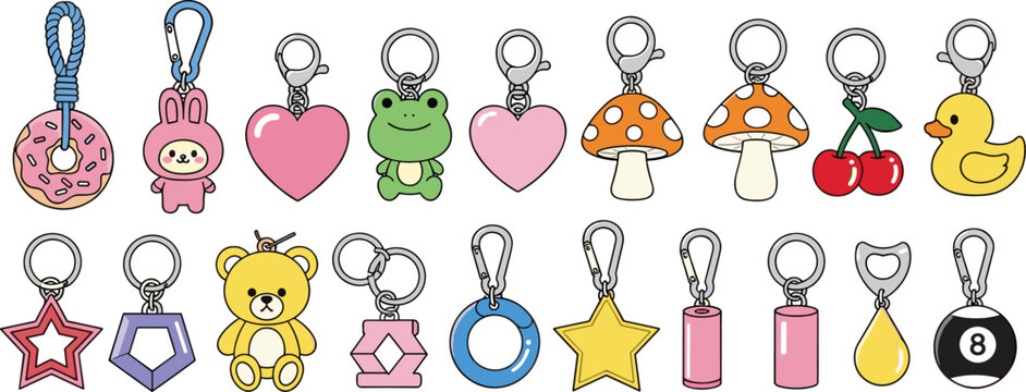 Cute Keychain Accessory Vector Set with Kawaii Animals Heart Mushroom and Donut Charms Isolated on White Background