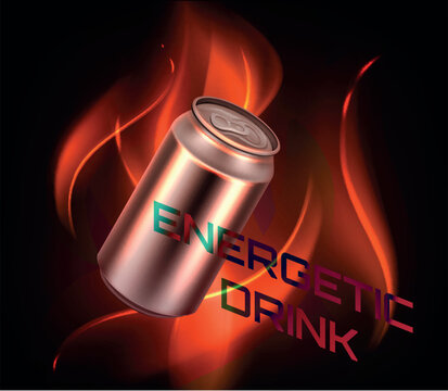 Energy drink vector illustration with aluminum can and fire flames