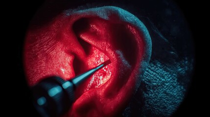 Close-Up View of Ear Anatomy with Medical Tool Highlighting Intricate Structures in Red and Blue Lighting