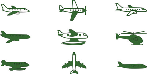 A collection of nine green airplane icons arranged in a format is shown. Each icon represents a different type of aircraft, including a jet, a propeller plane, a seaplane, and a helicopter.  © Meshkat