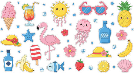 Fototapeta premium Kawaii Summer Vacation Sticker Set with Cute Flamingo Jellyfish Sun Pineapple and Tropical Holiday Elements Isolated on White