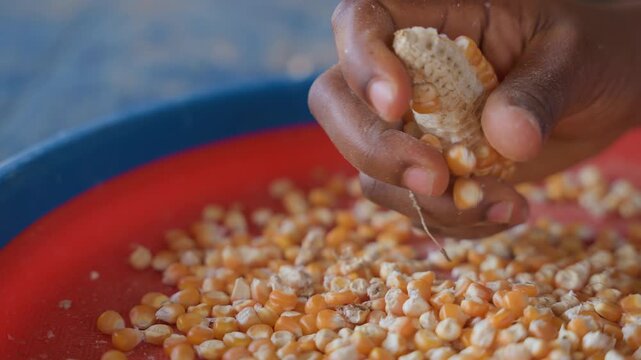 Farmers husking corn. Smallholder tending grain with focused motion and rhythmic drops. Rural worker handling corn with attentive care over vibrant red basin filled with textured grains
