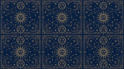Celestial phases and stars on a dark cosmic background pattern